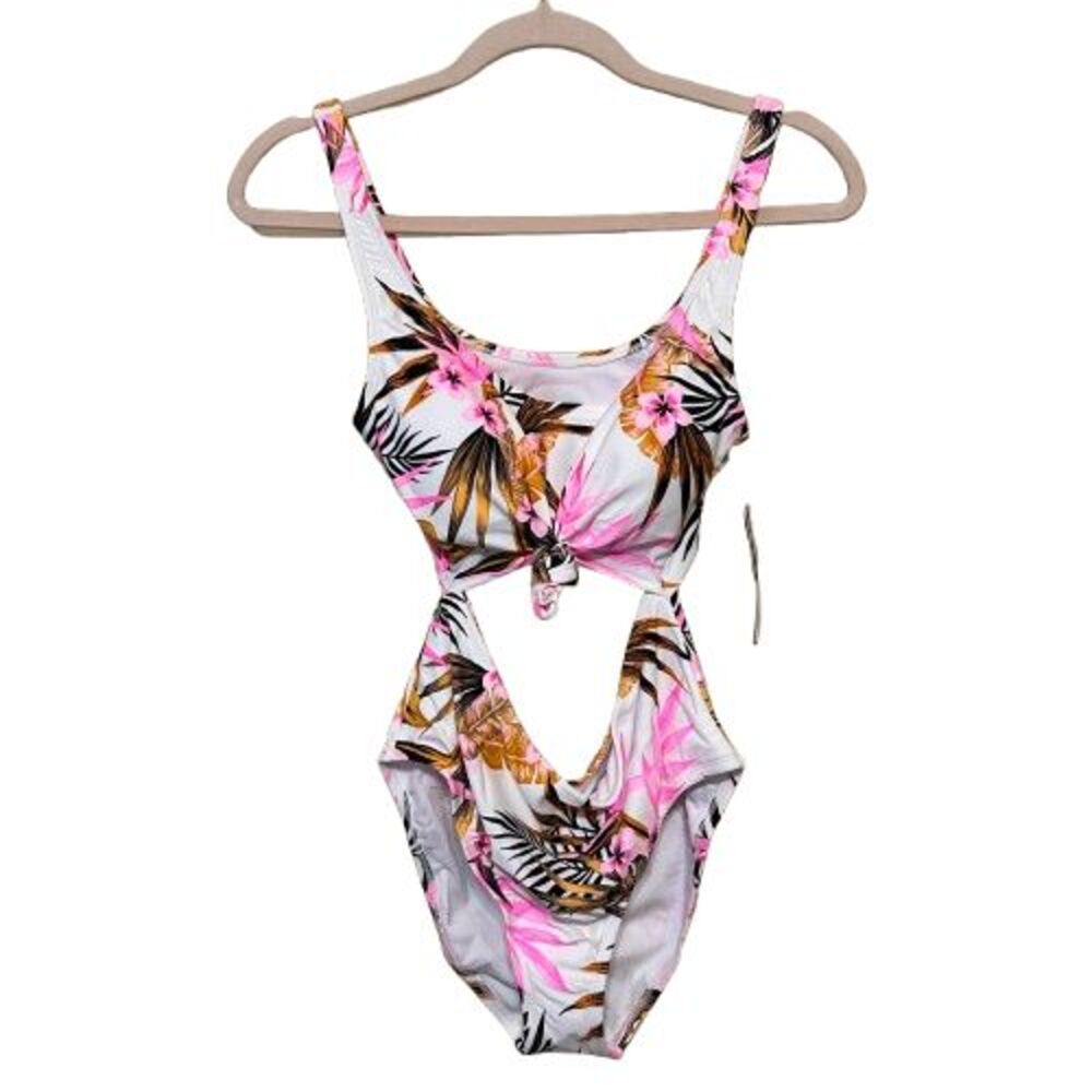 NWT Salt & Cove Knot-Front Cutout Swimsuit Women Large Tropical Floral One Piece